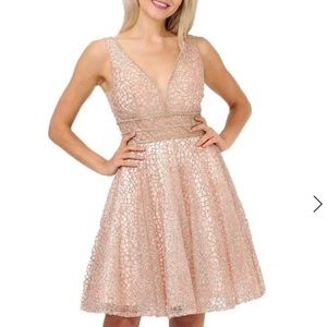 Poly USA - 8444 Sequined Deep V-Neck A-Line Cocktail Dress (Rose Gold)